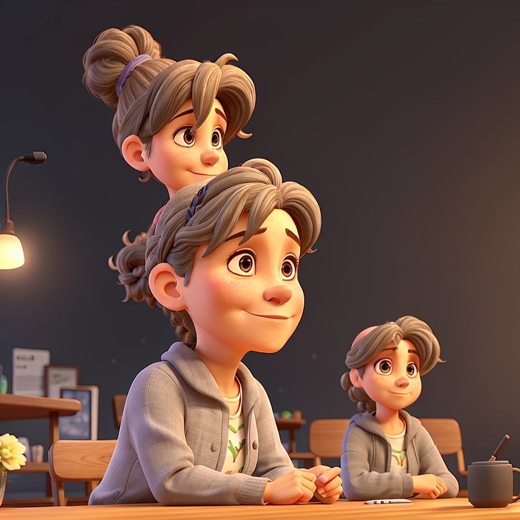 nice middle aged woman, with slightly gray curly hair tied in a ponytail, sitting at the table with microphone in her hands and black wall in the background