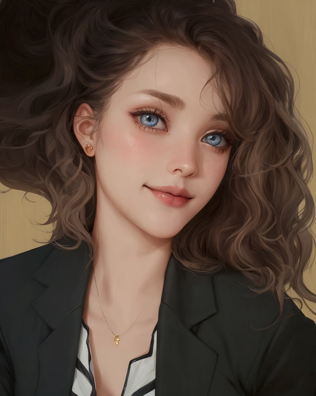 Caucasian female, clear eyes, corner smile, wavyhair, wearing a blouse and blazer. neutral background