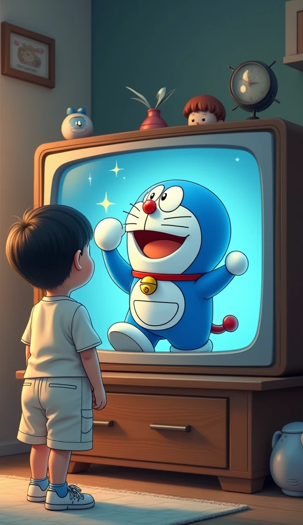 Doraemon stepped out of the TV and stood in front of the 13 year old boy in white and waved hello. 