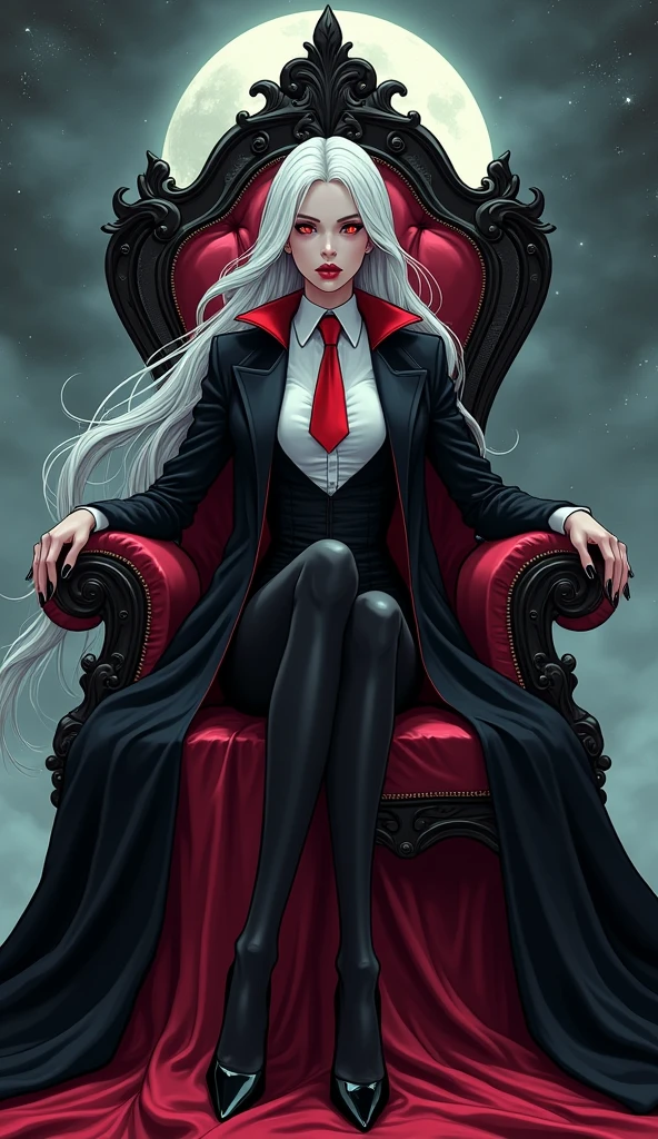 The woman vampire red eyes, long white hair, 

She wear the long black coat inside the black coat has carmine color, black suit, white shirt, red necktie, long black pencil skirt, black tights, black high heels.

She sitting on the throne, black grey sky, fantastic night sky, moon, cartoon novel, 4K, HD