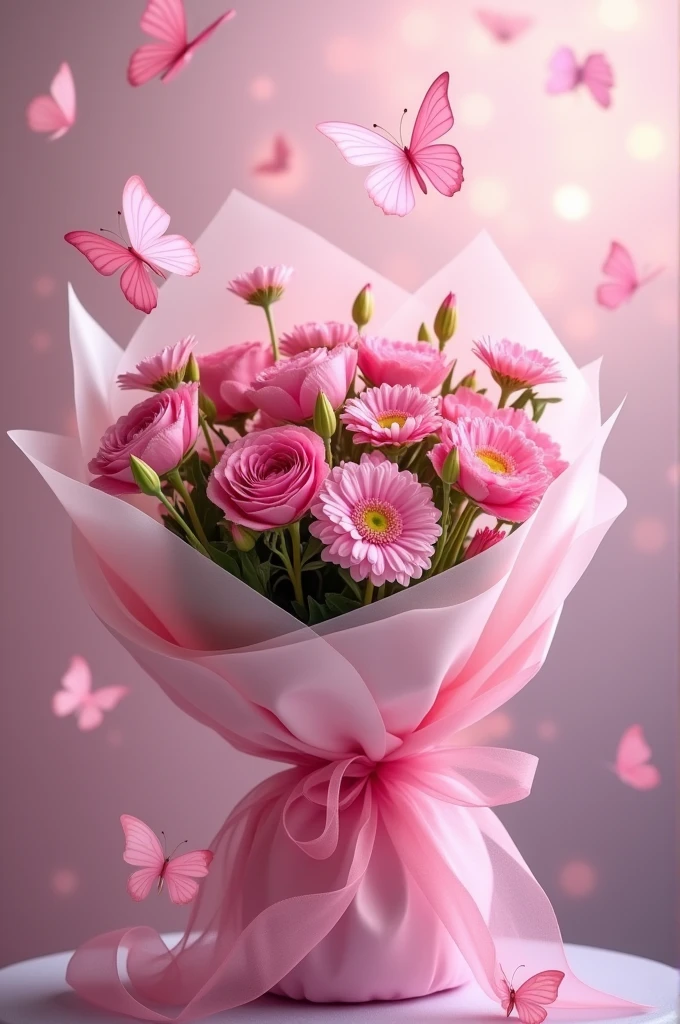 bouquet of flowers, wrapped in a very beautiful pink white paper, magic type, with pink butterflies around, with a magical background
