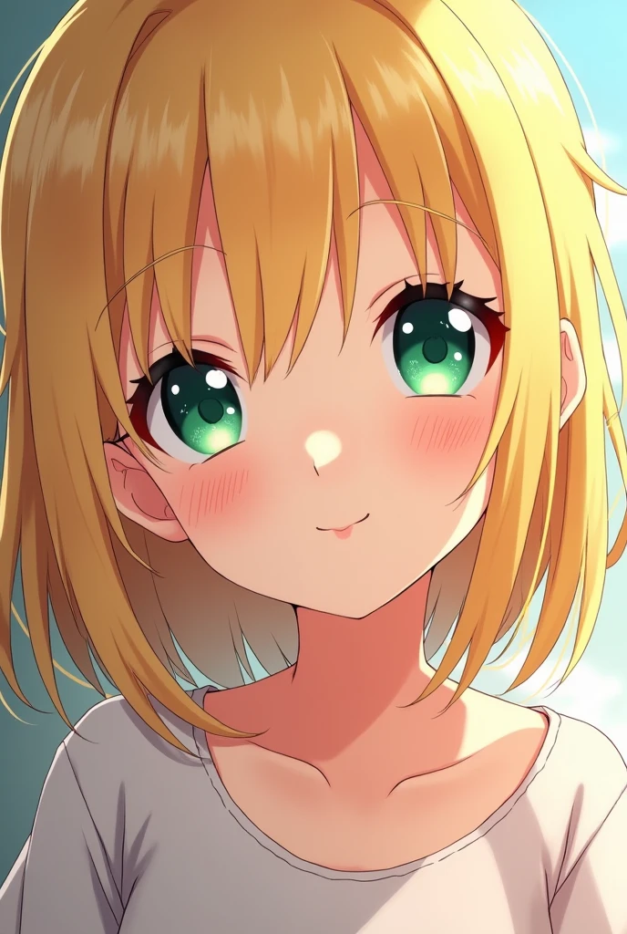 A beautiful anime girl, blond hair, smaller than usual green eyes, with a flirtatious smile.