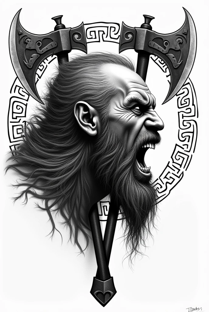 Create a black and white tattoo of a Viking's face in pointillism, profile view, screaming, with Viking runes and sharp axes for a tattoo.