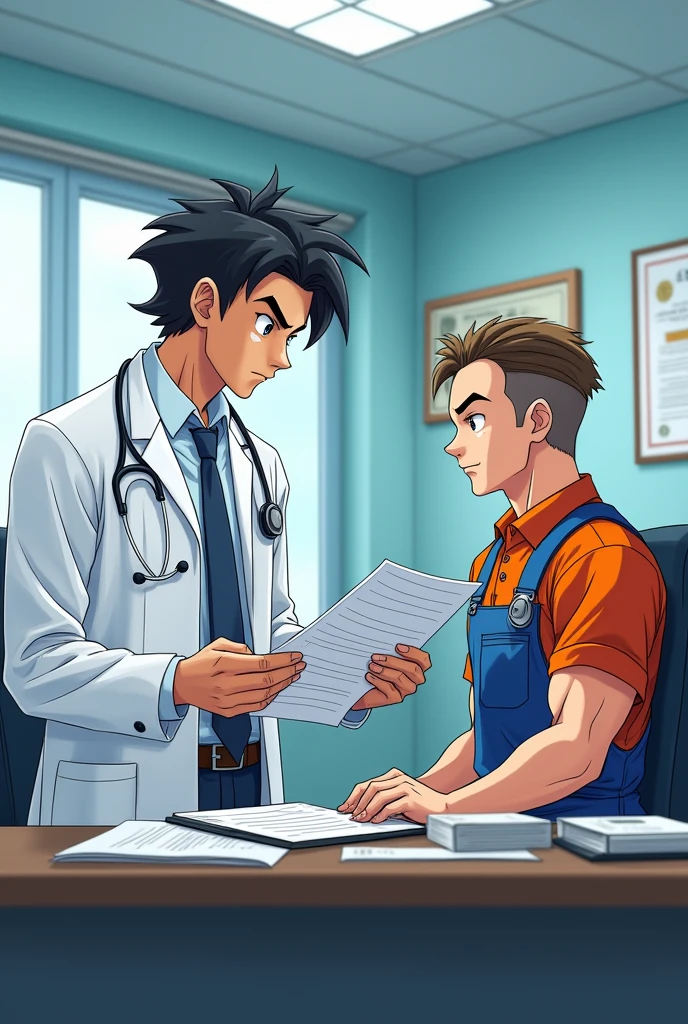 Young male occupational physician ,reviewing a worker ,Dragon Ball Z anime style,company ,consulting room ,occupational doctor ,Occupational medicine 