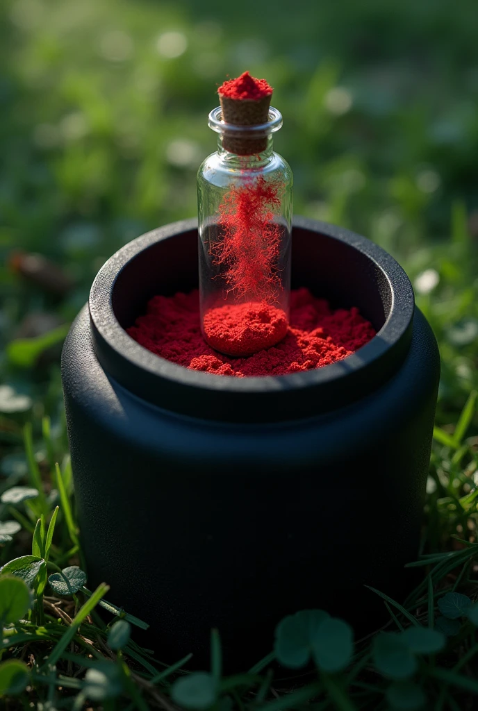 vial, red dust in vial, vial in large black scp container without lid, outside, on the grass, top view, low light