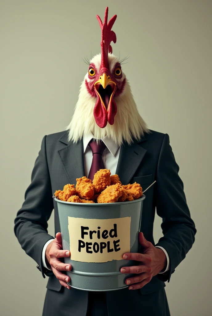 Create an image of a chicken dressed as a secretary holding a bucket of fried humans. she is in front, facing the observer. She is full of mouth. In front of the bucket it is written "Fried People"