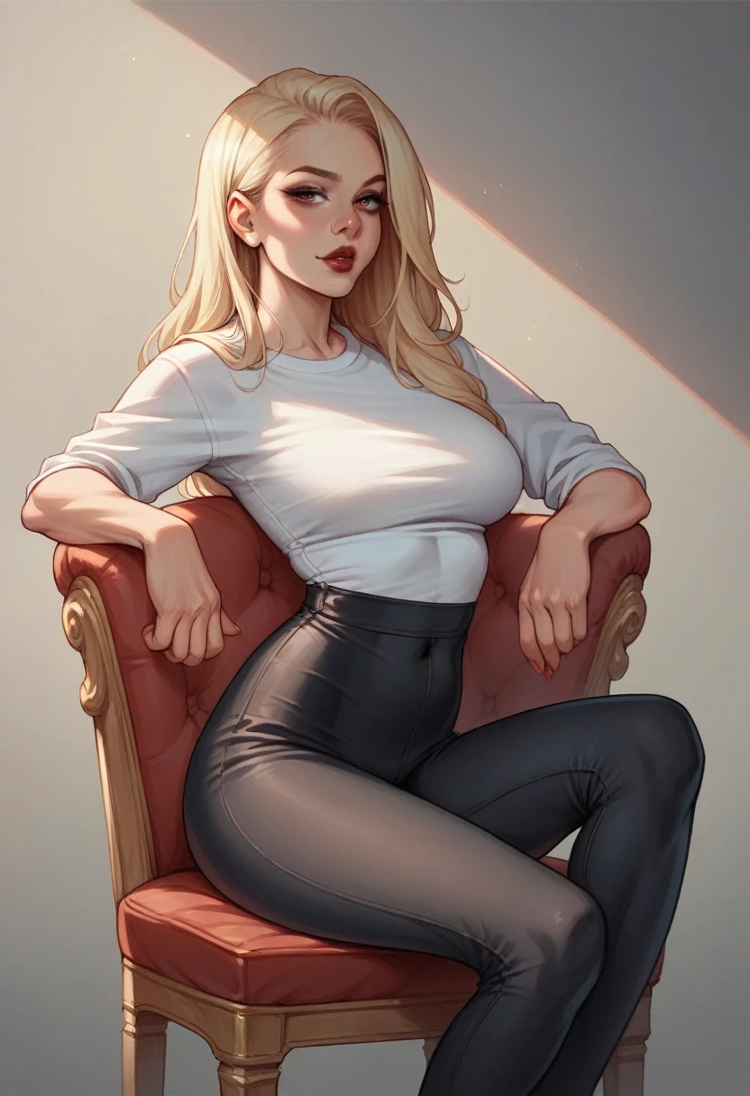 Realistic,hd,girl wearing tight white shirt & black leggings,big exposed tits & belly,blonde hairs,red lips,seductive eyes,sitting on chair,posing to camera