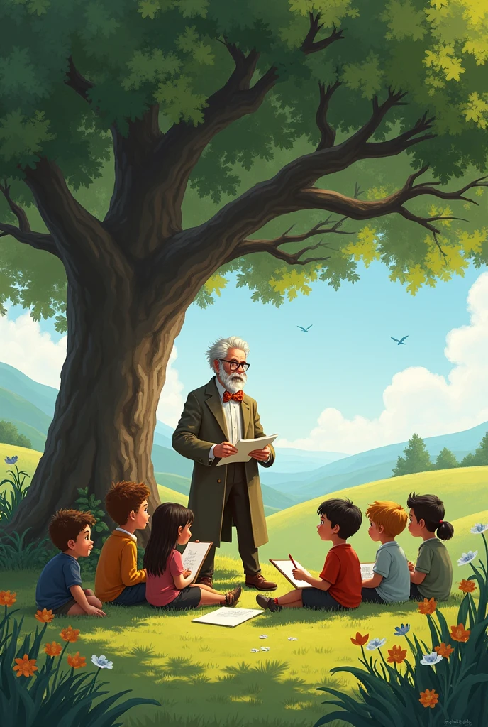 Professor teaching children under a tree simple drawing
