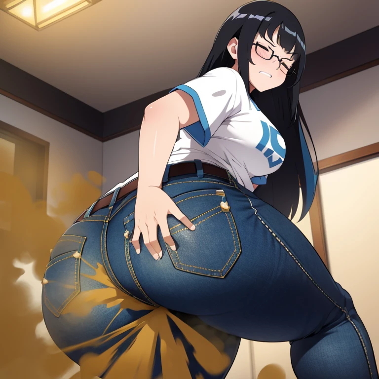 solo,1girl,black hair ,blues eyes ,tareme, hair bang, long hair,gleaming skin,glasses, oversized tshirt, blue jeans, massive fart, farting, blush, lifting ass, closed eyes, clenching teeth, alone in a room
