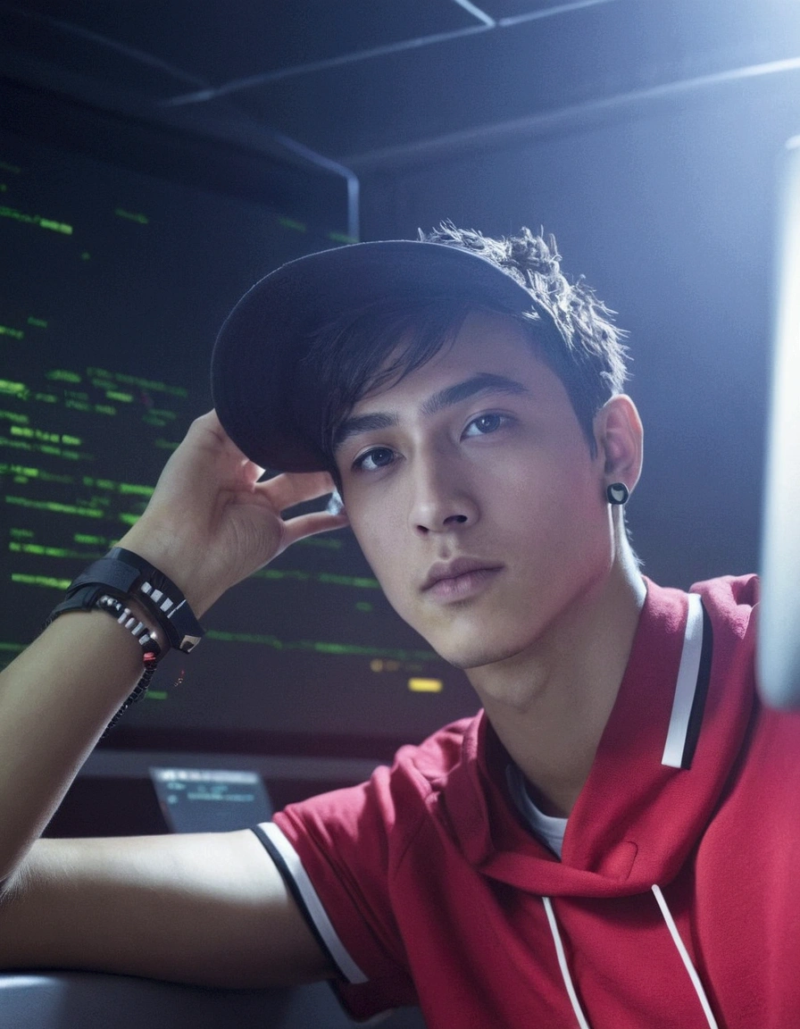 Cool hacker with technology and hacker attire