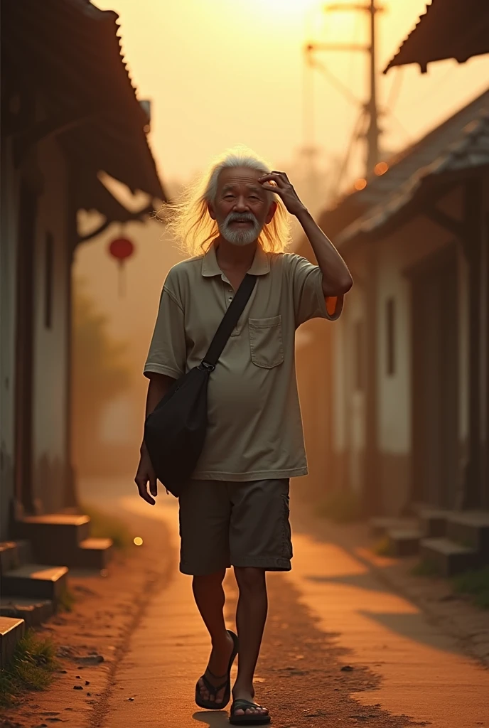 ( photo realism 1.2) photo realistic high detailed old Chinese male walking at old Malay town background shoulder bag  long white hair and goatee morning dusk sunlight effect smoke effect 80's photo filter  morning mode short trousers messy hair cinematic view dramatic view sunrise effect  laughing left hand on head emotional effect dusty road  smoke effect