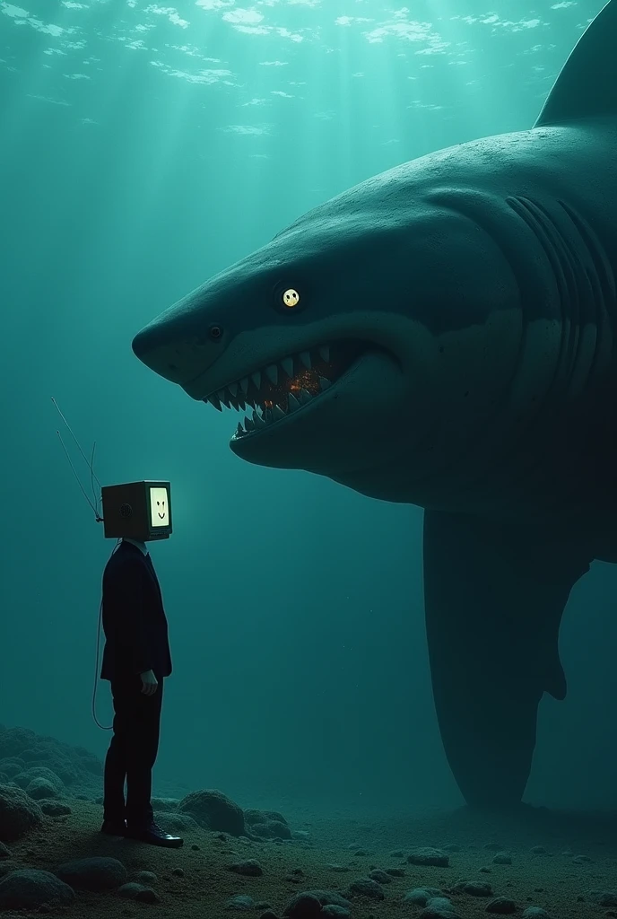 Thin man in an elegant suit with a television head, and on the screen a smile and eyes shaped like static, fighting a giant black mechanical shark inside an abyss deep in the ocean