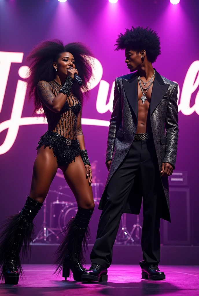 Afro Man and woman in rockstar outfits singing on stage with the word Tj Purple boldly written on the Background.