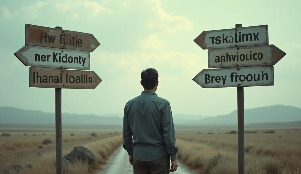 "A person standing at a crossroads with signs pointing to different time periods and risk levels, intense focus on decision-making, ar 16:9"