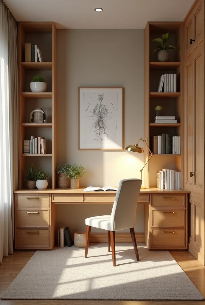 Small room that looks like a relaxed psychology study
With light colors and 2 woods with books and a desk