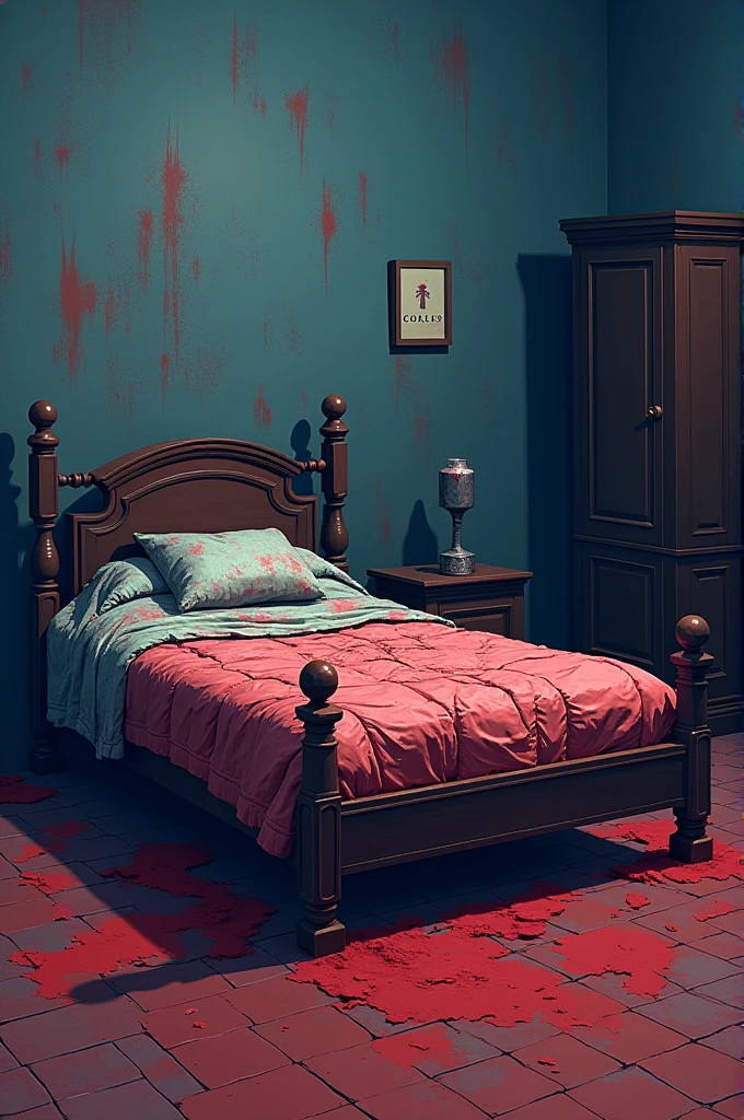 Pixelated bed with a bad smell, with red and blue colors.