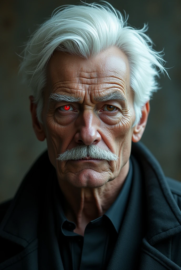Character with white hair combed to the sides and a little big, red left eye, right eye brown, appearance of 40 years, a small mustache