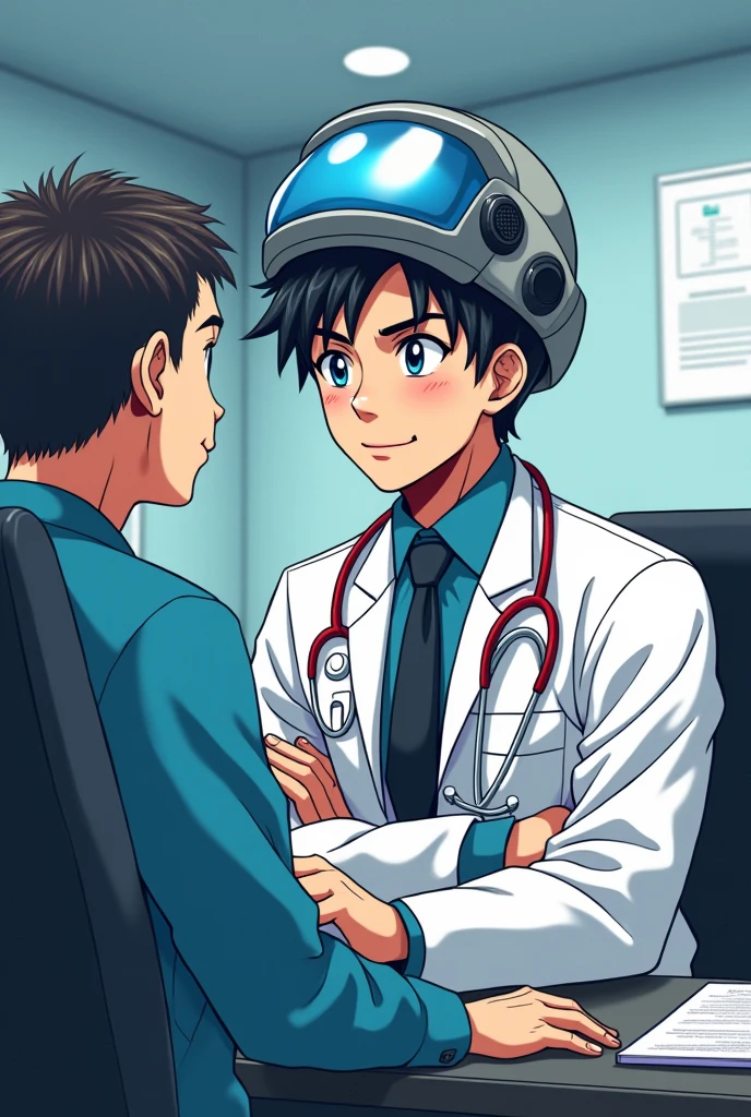 Young male occupational physician, with helmet ,Dragon Ball Z anime style,company ,consulting room ,occupational doctor ,Occupational medicine