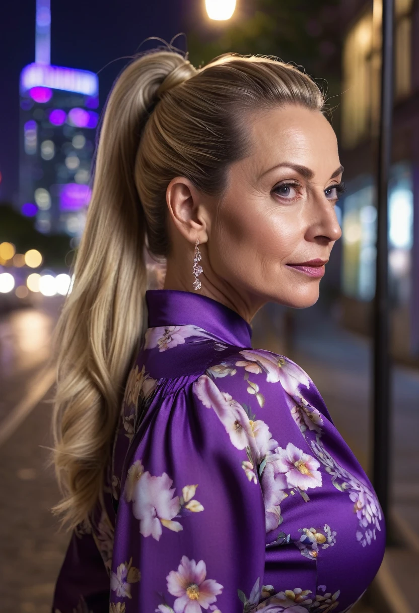 Close-up, 8K quality, realistic image of a beautiful 45 year old European woman with long blonde hair tied back in a ponytail. She had a curvy body with slightly larger breasts and was wearing a purple floral patterned blouse and a short skirt. He stood in the city at night, with the soft city lights illuminating him. The background features city buildings, street lights, and a vibrant night scene, highlighting its calm and elegant presence in the urban environment.