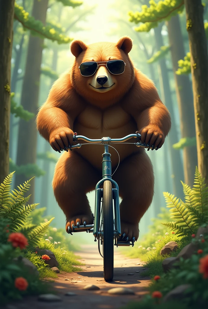 A bear riding a bike with sunglasses