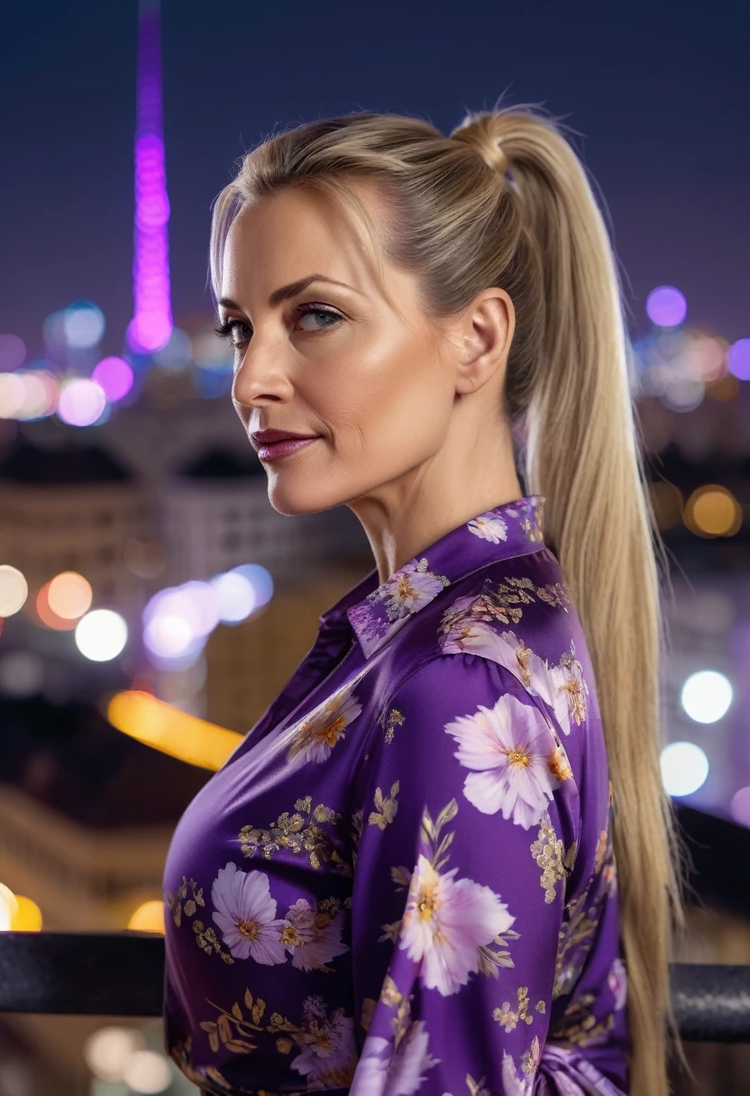 Close-up, 8K quality, realistic image of a beautiful 45 year old European woman with long blonde hair tied back in a ponytail. She had a curvy body with slightly larger breasts and was wearing a purple floral patterned blouse and a short skirt. He stood in the city at night, with the soft city lights illuminating him. The background features city buildings, street lights, and a vibrant night scene, highlighting its calm and elegant presence in the urban environment.