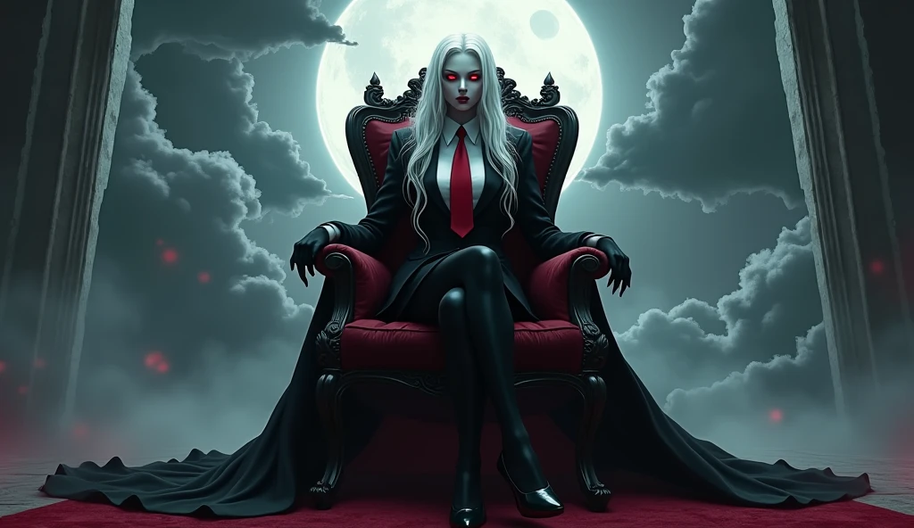 The woman vampire red eyes, long white hair, 

She wear the long black coat inside the black coat has carmine color, black suit, white shirt, red necktie, long black pencil skirt, black tights, black high heels.

She sitting on the throne, black grey sky, fantastic night sky, moon, cartoon novel, 4K, HD