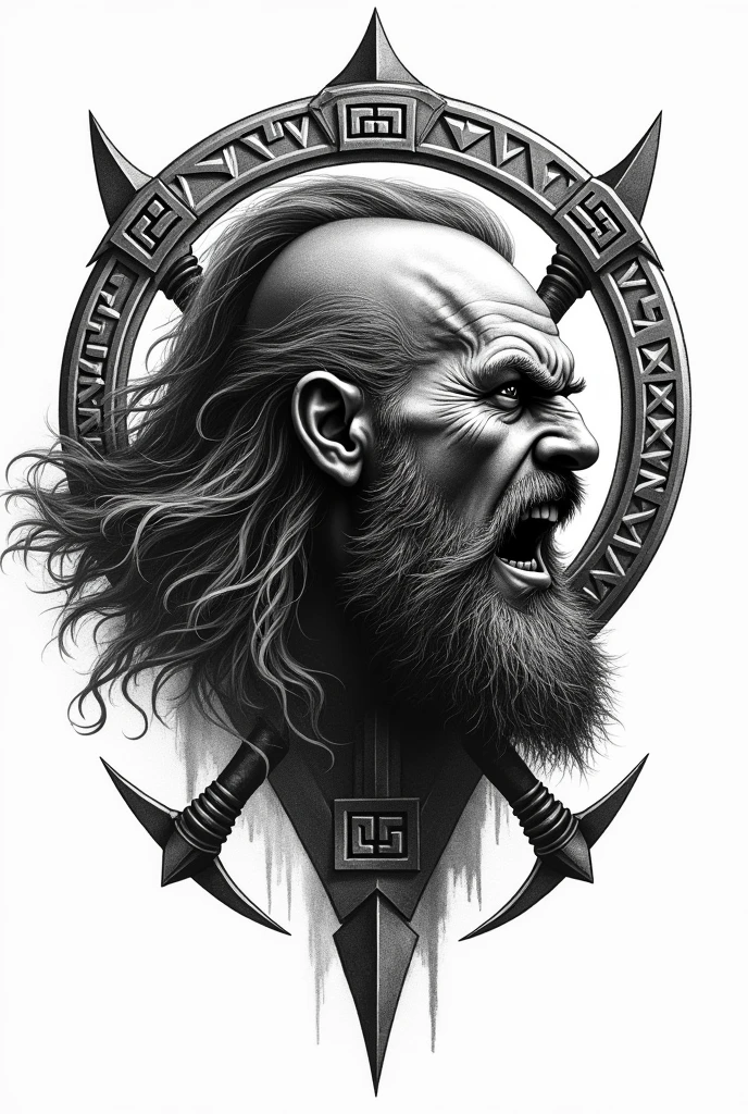 Create a black and white tattoo of a Viking's face in pointillism, profile view, screaming, with Viking runes and sharp axes for a tattoo.