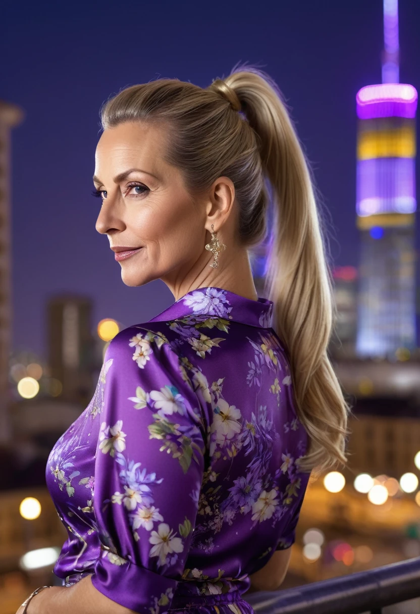 Close-up, 8K quality, realistic image of a beautiful 45 year old European woman with long blonde hair tied back in a ponytail. She had a curvy body with slightly larger breasts and was wearing a purple floral patterned blouse and a short skirt. He stood in the city at night, with the soft city lights illuminating him. The background features city buildings, street lights, and a vibrant night scene, highlighting its calm and elegant presence in the urban environment.