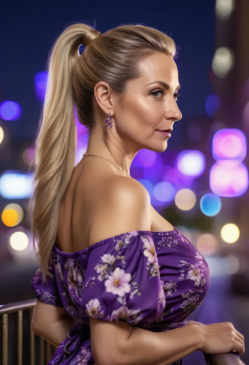 Close-up, 8K quality, realistic image of a beautiful 45 year old European woman with long blonde hair tied back in a ponytail. She had a curvy body with slightly larger breasts and was wearing a purple floral patterned blouse and a short skirt. He stood in the city at night, with the soft city lights illuminating him. The background features city buildings, street lights, and a vibrant night scene, highlighting its calm and elegant presence in the urban environment.