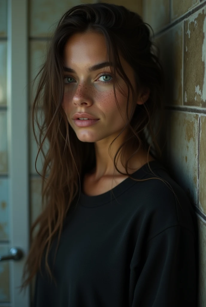 (work of art, photorrealistic:1.4, extremely complex:1.3, radiosity, photon mapping, dtx, 8k), ((((colar closeup, black sweatshirt, humid, [medium breasts:breasts big:0.8])), humid, [skin-detail:freckles:0.7], naturals, female supermodel, age 26), dirty bathroom, ((stone shower, glass shower, to clean)))
