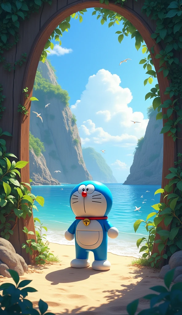 Doraemon took the magical door and brought the boy to the beach. The seascape was truly beautiful. 