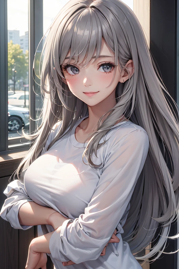Best Quality,High resolution,8k,finelity detailed background,Masterpiece:1.2),beautiful girl,Glossy romance gray hair,messy hair,Gray eyes,Gentle look,A refreshing look,smile,Best quality,Best Quality,Aesthetic and aesthetic:1.2,Best details((Super detailed))(High-definition CG illustrations),Sportswear,Slender body,Training Gym,smile,blush,cute,Scrounge,Looking up,Being spoiled,super model
