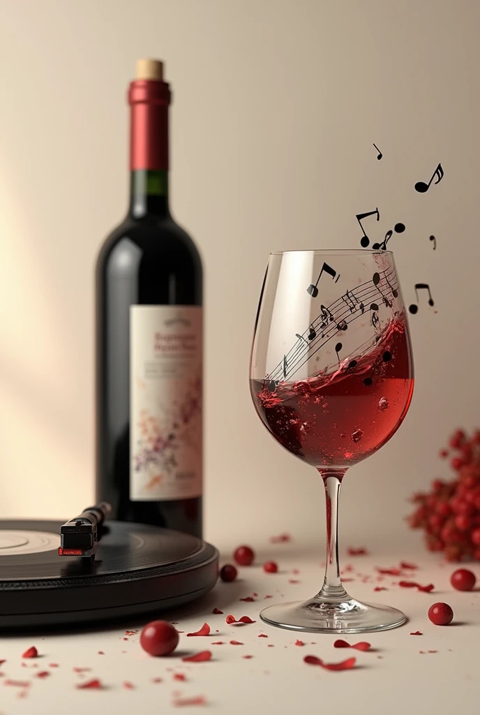 a bottle of wine and a glass full of musical notes
And a cdj