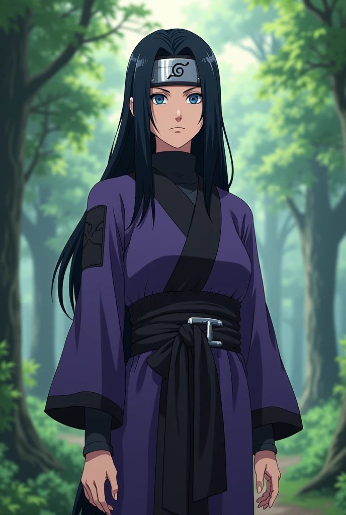 Screenshot, naruto anime style, A woman, bench skin, medium height, blue eyes, black hair, long, loose, without flinching, purple and black ninja clothing, with ninja band, In a forest