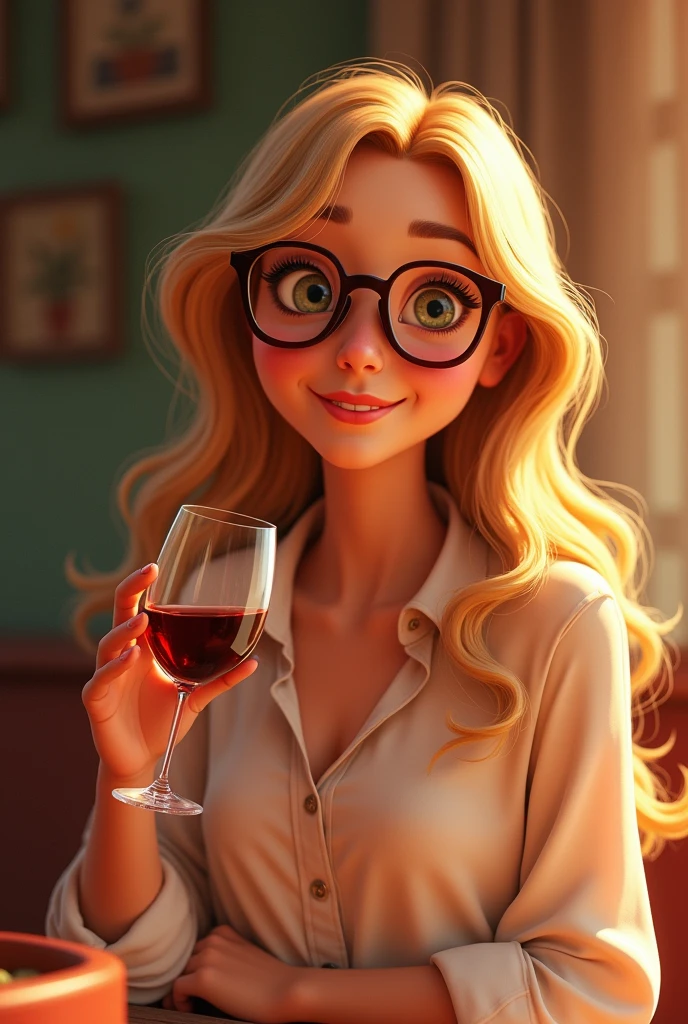 Pixar-style: woman with long golden blonde hair, rectangular glasses, light-colored social shirt and who likes wine
