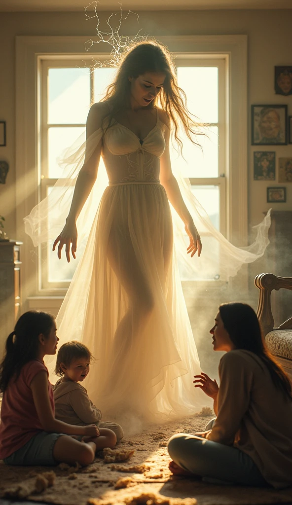 Spirit of lady attacking families in a bright room