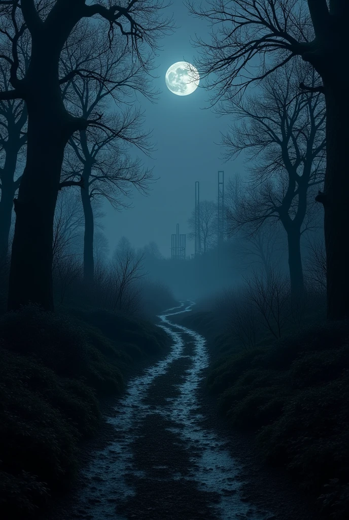 A dark forest path at night without any light,with several bushes around with sheet metal houses with walls on the horizon at 10 pm