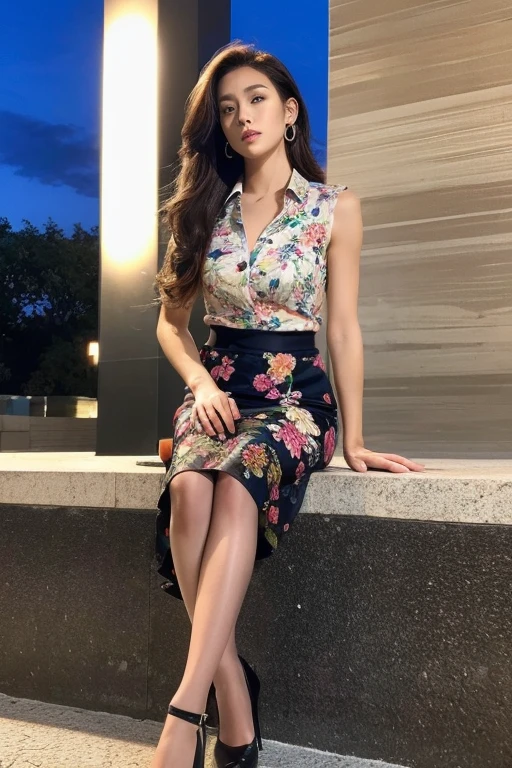 colorful shirt with collar、(Floral print midi skirt:1.3)、((silk pantyhose))、(She is sitting, showing off her beautiful legs and high heels)、1 girl、(Delicate face、Detailed eyes and face、double eyelid、Glossy lips)、Moisturized skin、Highly detailed face and skin texture、Two well-balanced legs、((Highest quality、Ultra-high resolution、masterpiece、8k))、((Perfect Anatomy、Anatomically correct))、(Full Body Portrait)、Modern architecture at night on the background、Professional Lighting