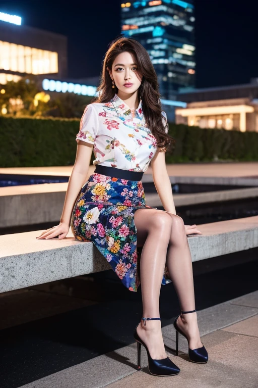 colorful shirt with collar、(Floral print midi skirt:1.3)、((silk pantyhose))、(She is sitting, showing off her beautiful legs and high heels)、1 girl、(Delicate face、Detailed eyes and face、double eyelid、Glossy lips)、Moisturized skin、Highly detailed face and skin texture、Two well-balanced legs、((Highest quality、Ultra-high resolution、masterpiece、8k))、((Perfect Anatomy、Anatomically correct))、(Full Body Portrait)、Modern architecture at night on the background、Professional Lighting