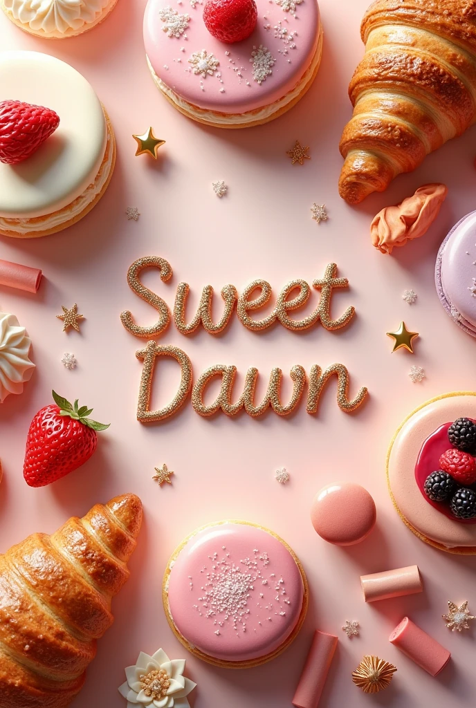 Letters for personal brand Sweet Dawn, Pastry and Confectionery a design with bright and glittery colors, with a cake and pastry background