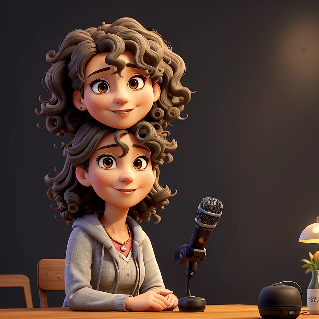 NICE WOMAN, pretty, middle-aged, with slightly gray curly hair, hypdertailed, sitting at the table with microphone in her hands and black wall in the background