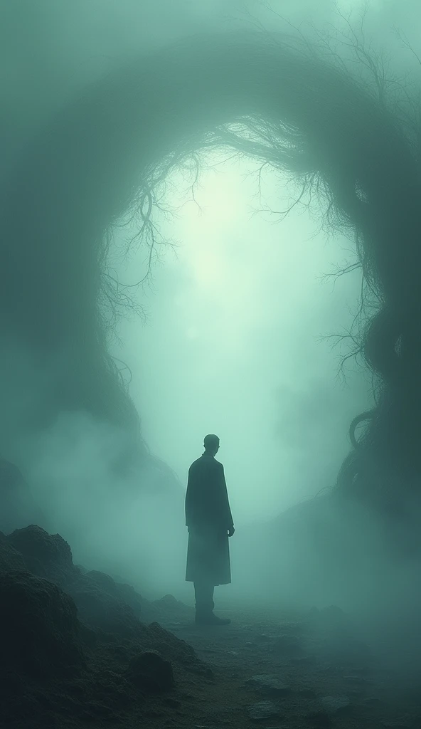 There is a man standing in the midst of a mystical mist, a painting inspired by Cyril Rolando, an ethereal still painting, a world that can only be seen through a portal, standing in the midst of a mystical mist, highly detailed surreal visual effects, Digital art 4k unsettling,