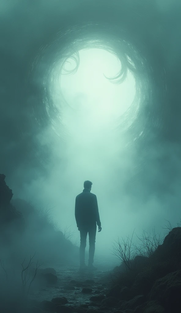 There is a man standing in the midst of a mystical mist, a painting inspired by Cyril Rolando, an ethereal still painting, a world that can only be seen through a portal, standing in the midst of a mystical mist, highly detailed surreal visual effects, Digital art 4k unsettling,