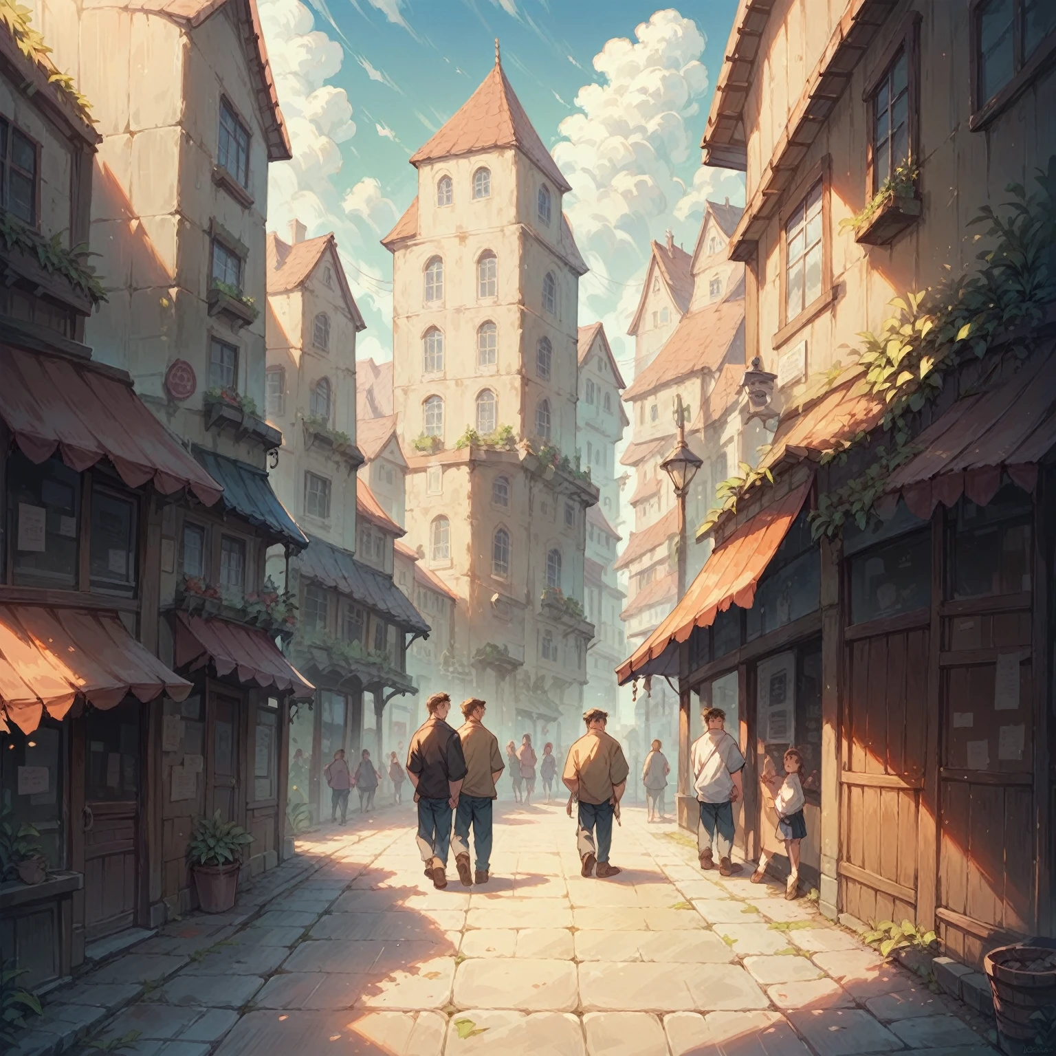 A modern city with people, whose infrastructure is adapted to the coexistence of those who live there, and show buildings, streets and parks designed to show people both houses and streets and sidewalks."