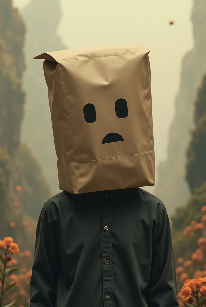 Character with a paper bag on their head