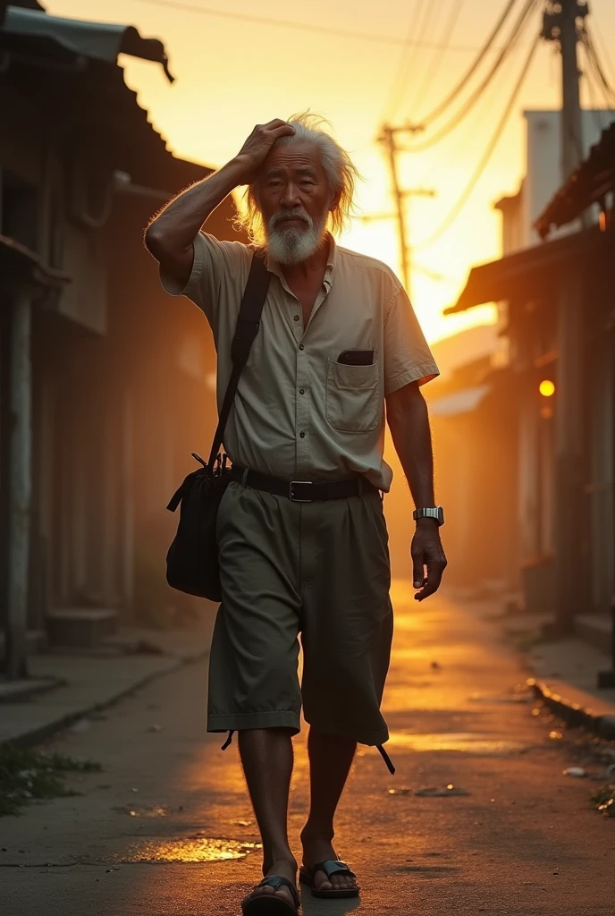 ( photo realism 1.2) photo realistic high detailed old Chinese male walking at old Malay town background shoulder bag long white hair and goatee morning dusk sunlight effect smoke effect 80's photo filter morning mode short trousers messy hair cinematic view dramatic view sunrise effect laughing left hand on head emotional effect dusty road smoke effect wet road after rain