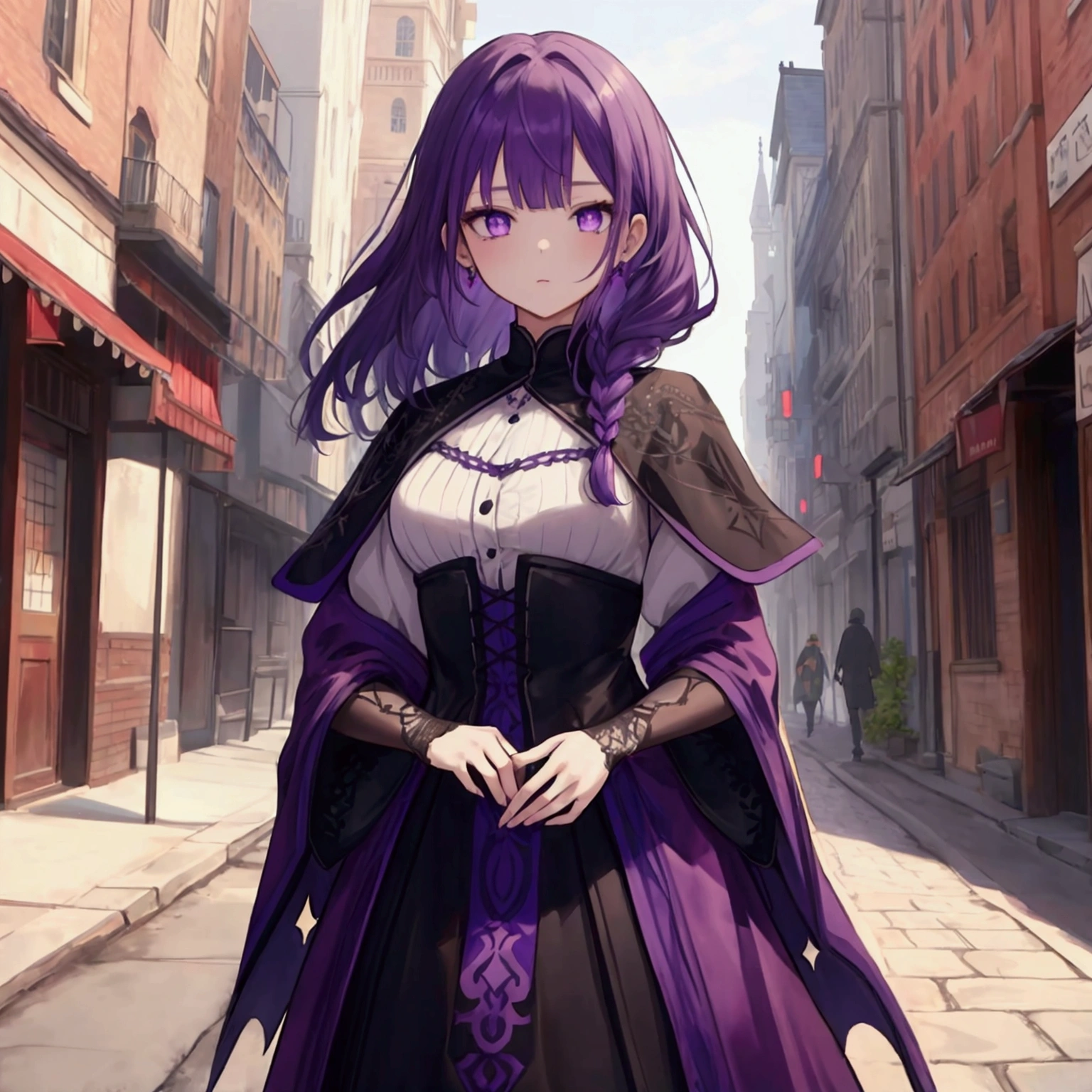 SAYUDEF, SAYURND ,1 girl, best quality, Amazing, beautiful detailed eyes, finely detailed, extremely detailed, full body, purple hair with white strand, purple eyes, short girl, skinny, fabric,robe,medieval outfit,assassin,dark purple theme,holding a dagger,ready to fight,watercolor,single face,no white elements ,full body, street background,watercolor,High Resolution, Masterpiece,