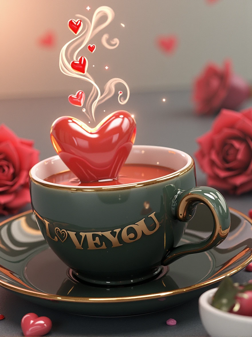 Create a hyper-realistic image of a glossy shiny vibrant cream cup and saucer with a heart design. cup should have steam rising from it that forms smoke, culminating in a floating, glossy shiny vibrant red heart surrounded by smaller hearts at the top. near vibrant red Rose s , written "I LOVE YOU" in cursive font, , background dark, ultra HD 64k hyperrealism studio lightning light reflection