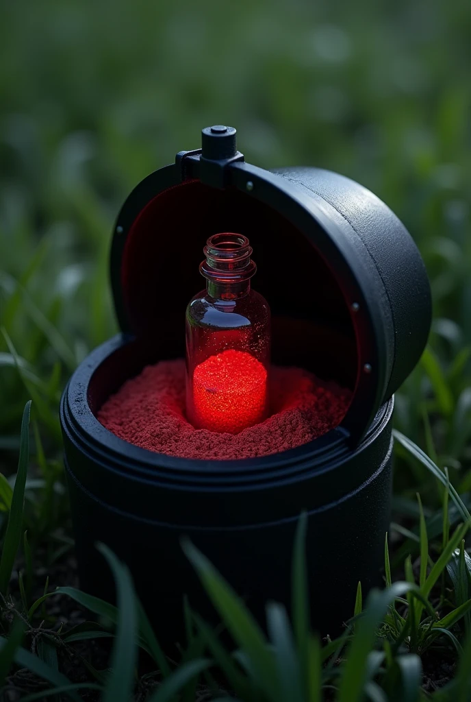 vial, red dust in vial, vial in large black scp container without lid, outside, on the grass, top view, low light