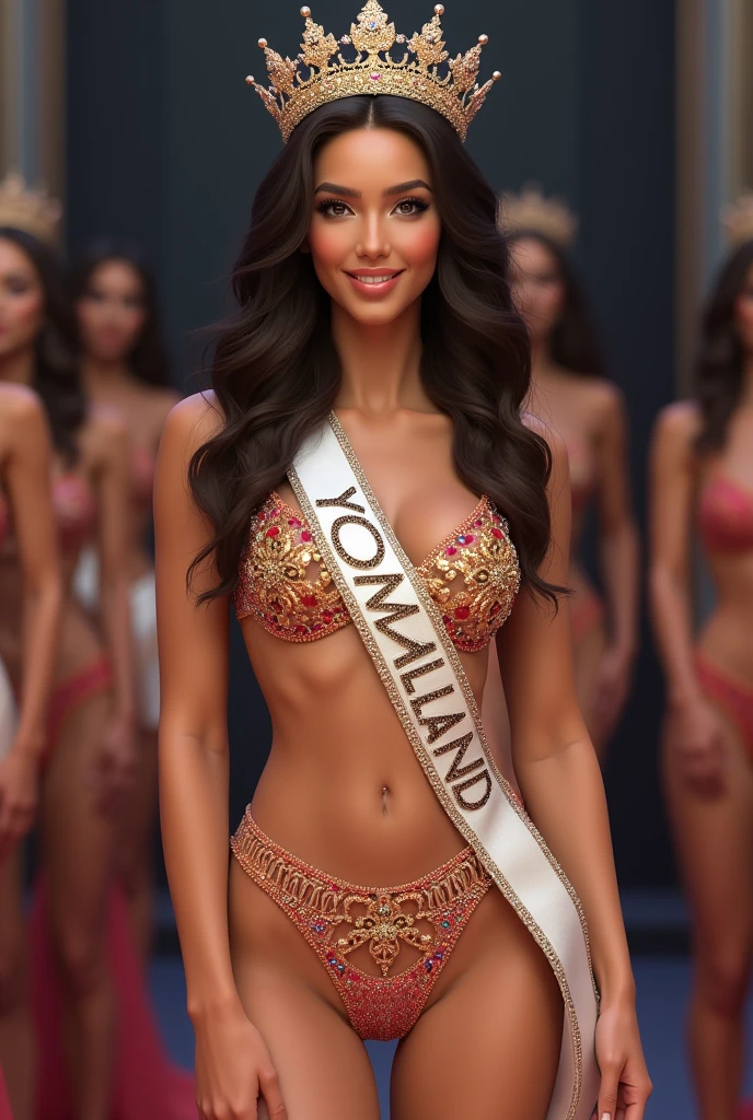 Create an image of a beautiful Miss Universe winner representing the country of Yomaland. She has light skin. She stands confidently on stage among other miss, wearing a stunning, two pieces swimsuit,
featuring intricate patterns and rich vibrant Diamond. Her hair is styled in loose waves, adorned with a crown made of precious gemstones and delicate gold filigree, symbolizing the cultural heritage of Yomaland.A sash drapes elegantly across her shoulder, with 'YOMALAND' written in bold, shimmering letters. Her makeup is flawless, highlighting her natural beauty, with a radiant smile that reflects her poise and grace. The background shows an opulent stage with soft lighting, accentuating her presence as the center of attention.